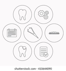 Dental braces, fillings and tooth icons. Tweezers linear sign. Check file, calendar and cogwheel icons. Vector
