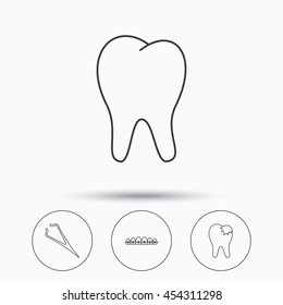 Dental braces, fillings and tooth icons. Tweezers linear sign. Linear icons in circle buttons. Flat web symbols. Vector