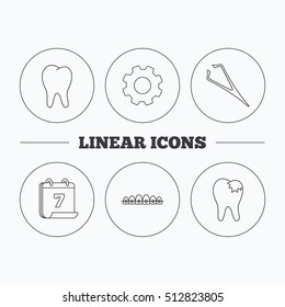 Dental braces, fillings and tooth icons. Tweezers linear sign. Flat cogwheel and calendar symbols. Linear icons in circle buttons. Vector