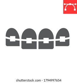 Dental braces glyph icon, dental and stomatolgy, teeth with braces sign vector graphics, editable stroke solid icon, eps 10