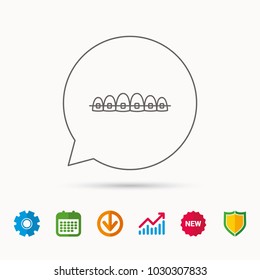 Dental braces icon. Teeth healthcare sign. Orthodontic symbol. Calendar, Graph chart and Cogwheel signs. Download and Shield web icons. Vector