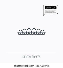 Dental braces icon. Teeth healthcare sign. Orthodontic symbol. Linear outline icon. Speech bubble of dotted line. Vector