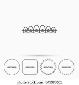 Dental braces icon. Teeth healthcare sign. Orthodontic symbol. Linear circle, square and star buttons with icons.