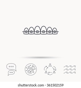 Dental braces icon. Teeth healthcare sign. Orthodontic symbol. Global connect network, ocean wave and chat dialog icons. Teamwork symbol.