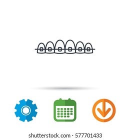 Dental braces icon. Teeth healthcare sign. Orthodontic symbol. Calendar, cogwheel and download arrow signs. Colored flat web icons. Vector