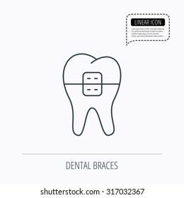 Dental braces icon. Tooth healthcare sign. Orthodontic symbol. Linear outline icon. Speech bubble of dotted line. Vector