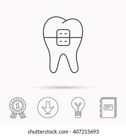 Dental braces icon. Tooth healthcare sign. Orthodontic symbol. Download arrow, lamp, learn book and award medal icons.