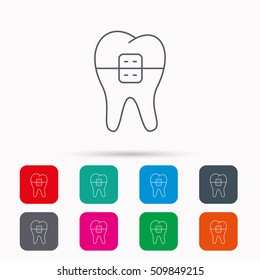 Dental braces icon. Tooth healthcare sign. Orthodontic symbol. Linear icons in squares on white background. Flat web symbols. Vector