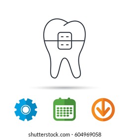 Dental braces icon. Tooth healthcare sign. Orthodontic symbol. Calendar, cogwheel and download arrow signs. Colored flat web icons. Vector