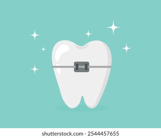 Cintas dentárias, ícones design de vetor plano, Instalando chaves nos dentes, endireitando mordidas tortas. Ilustração vetorial