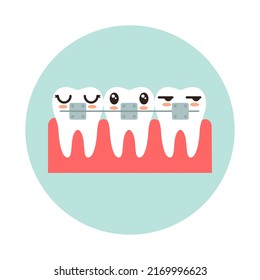 Dental braces with kawaii emotion. Medical treatment. Gum health.