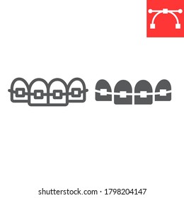 Dental braces line and glyph icon, dental and stomatolgy, teeth with braces sign vector graphics, editable stroke linear icon, eps 10