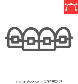 Dental braces line icon, dental and stomatolgy, teeth with braces sign vector graphics, editable stroke linear icon, eps 10