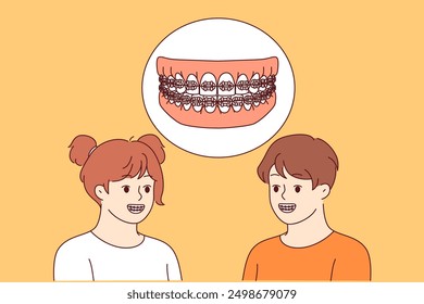 Dental braces in mouth of boy and girl visiting dentist for teeth straightening procedure. Happy children demonstrate braces, wanting to achieve beautiful smile and get rid of dental problems