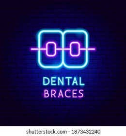 Dental Braces Neon Label. Vector Illustration of Stomatology Promotion.