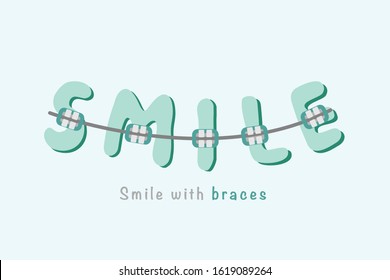 Dental Braces On  Smile Font On Blue Pastel Background Vector.
