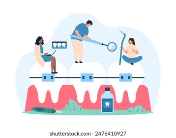 Dental braces, orthodontic treatment in clinic and aesthetic medicine. Tiny people with dentists tools work on correction of patients bite and teeth on dentistry checkup cartoon vector illustration