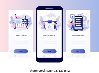 Dental braces. Orthodontic treatment and cosmetic odontology. Tiny people orthodontist and patients getting straightening teeth. Screen template for mobile smart phone. Modern flat cartoon style. Vector