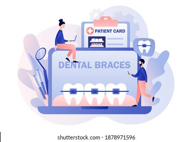 Dental braces. Orthodontic treatment and cosmetic odontology. Tiny people orthodonts and patients whose straightening teeth. Online consultation. Modern flat cartoon style. Vector illustration