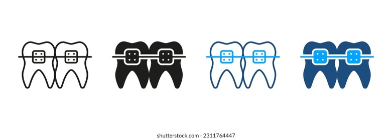 Dental Braces Silhouette and Line Icons Set. Dentist's Oral Care. Dentistry, Teeth Treatment Symbol Collection. Orthodontic Brace, Jaw and Healthy Tooth Correction. Isolated Vector Illustration.