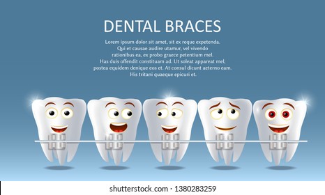 Dental Braces Vector Poster Banner Template. Cute Happy Teeth With Metal Braces. Orthodontic Treatment, Bite Correction Or Jaw Alignment Concept.