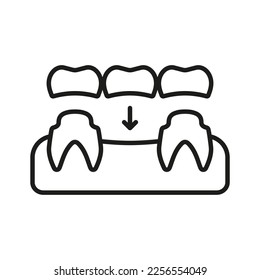 Icono de la línea de puente dental. Pictograma Lineal Implante de Dientes Ortodontos. Atención Oral. Protesis estomatológica. Símbolo de contorno de escritura. Signo de tratamiento dental. Stroke editable. Ilustración de vectores aislados.