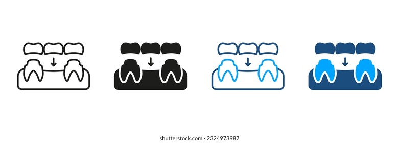 Juego de símbolos de puente dental e icono de línea. Dentadura de porcelana, Pictograma de regeneración dental. Restauración Parcial De Implantes De Dientes. Colección de símbolos de tratamiento dental. Ilustración de vectores aislados.