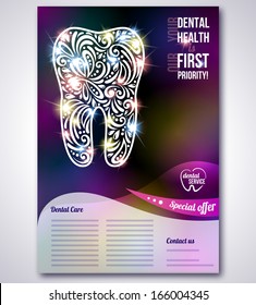 Dental brochure, flyer, magazine cover & poster template. Vector illustration. Black disco background, defocused flare lights. Invitation or greeting card design. Glowing tooth made up from pattern. 