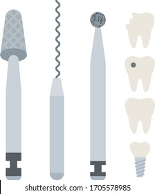 Dental burs with dental implants vector icon flat isolated