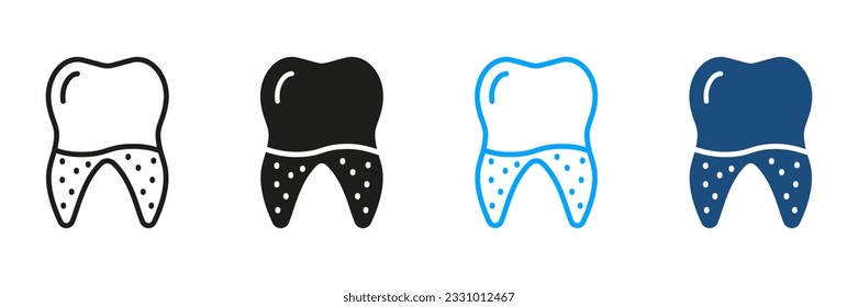 Conjunto de silueta de cálculo dental e iconos de línea. Dientes Defectuosos, Pictograma Tartar. Signo de denticia. Colección de símbolos de tratamiento dental. Enfermedad Médica Didentaria, Problema Oral. Ilustración de vectores aislados.