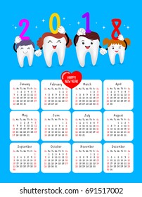 Dental calendar. Happy new year  with cute cartoon tooth family. Illustration isolated on blue background. Week starts Sunday. 