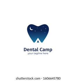 Dental camp, dentistry camping logo icon symbol with teeth icon nigh sky and tent camping silhouette