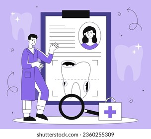 Dental card patient line concept. Man in medical uniform with magnifying glass near document. Dentist and dental worker treats caries. Health care and diagnosis. Linear flat vector illustration