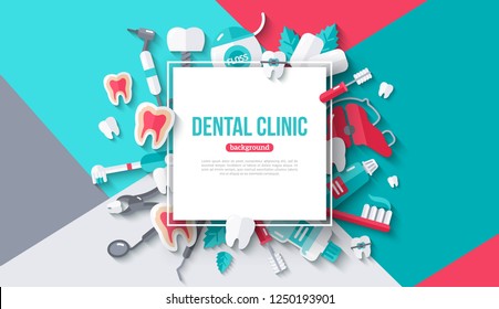 Dental card with square frame. Vector illustration. Dentistry and tooth care flat icons with shadow on colorful modern geometric background. Place for your text.