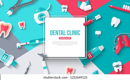 Dental card with square frame. Vector illustration. Dentistry and tooth care flat icons with shadow on colorful modern geometric background. Place for your text.