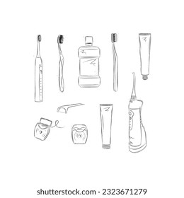 Dental care accessories electric toothbrush, regular toothbrush, mouthwash, toothpaste, tooth gel, dental floss, irrigator drawing on white background