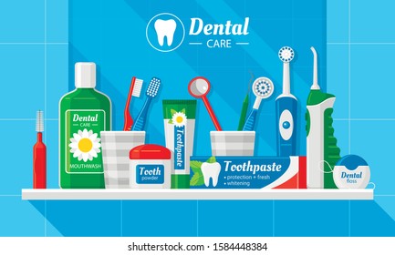 Dental care accessories flat vector banner template. Mouthwash liquid, toothpaste and floss illustration. Oral irrigator advert. Individual mouth cavity care equipment promo poster design