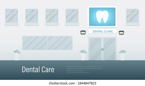 Dental Care Banner With Dental Clinic Building Flat Design Vector Illustration