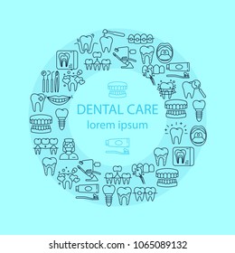 Dental care banner with outline flat icons of denture dental hygiene implant roentgen oral cavity vector illustration. Health care poster for dentistry clinic. Round design template and place for text