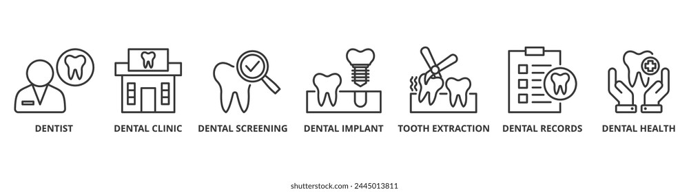 Concepto de la Ilustración vectorial del icono del Web del Anuncio del cuidado dental con el icono del dentista, clínica, detección dental, implante, extracción dental, registros, salud dental