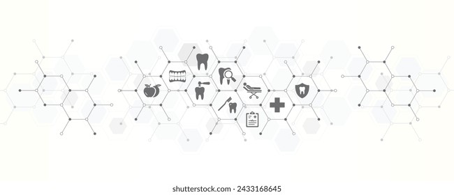 Banner de cuidado dental con los iconos del sitio web y el símbolo de la odontología higiene oral cuidado dental ilustración vectorial de dientes con fondo de tecnología