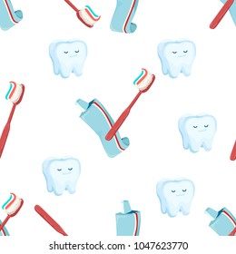 Dental care cartoon vector poster illustration with tooth, toothbrush and toothpaste. Flat seamless pattern 