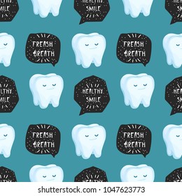 Dental care cartoon vector poster illustration with tooth, toothbrush and toothpaste. Flat seamless pattern with banner