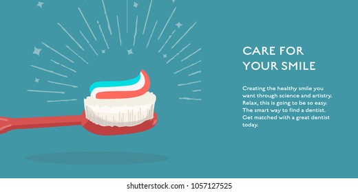 Dental care cartoon vector poster illustration with toothbrush and toothpaste. Flat banner template with place for text