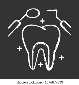 Dental care chalk icon. Medical procedures. Dentistry. Odontology. Tooth examination. Cavity treatment. Caries prevention. Oral healthcare. Toothache checkup. Isolated vector chalkboard illustration