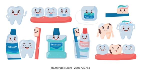 Dental care characters set. Collection of teeth, braces and toothbrushes and paste. Oral hygiene. Mascots for dentistry and pediatric. Cartoon flat vector collection isolated on white background