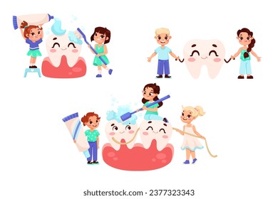 Dental Care with Children Cleaning Big Teeth with Toothbrush and Toothpaste Vector Set