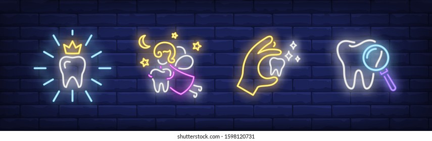 Dental care for children neon sign set. Fairy, hand holding tooth, crown. Vector illustration in neon style, bright banner for topics like stomatology, clinic, children dentistry