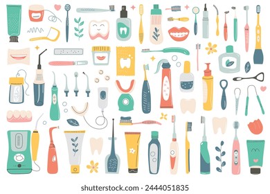 Dental care collection, toothpaste, toothbrushes icons, vector illustrations of oral hygiene products, mouthwash, irrigator, floss doodles, healthy and clean teeth set, teeth whitening kit