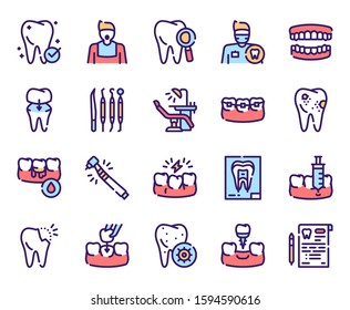 Dental care color linear vector icons set. Dentistry outline symbols. Dentist, medical tools, braces, dental crown. Toothache, cavity, gums bleeding treatment. Stomatology items contour illustrations